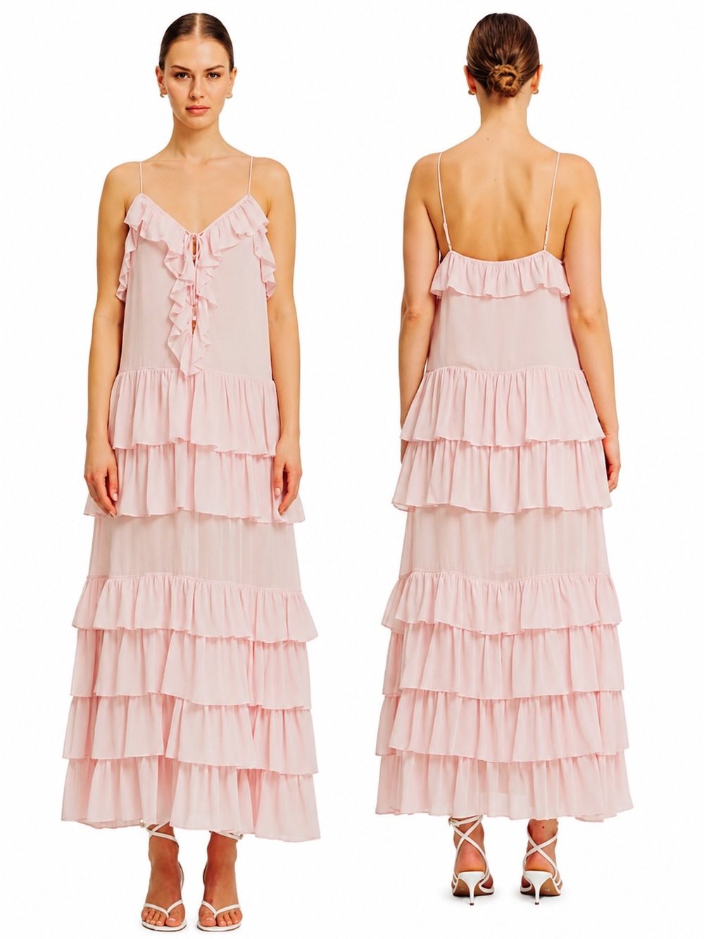 TORN by Ronny Kobo Pink Tiered Ruffle Maxi Dress NWT XS